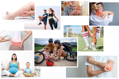 Collage van afbeeldingen waarop mensen te zien zijn die aan het sporten zijn of pijn hebben