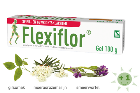 Afbeelding van een verpakking van Flexiflor® gel, met daaronder een foto van de planten gifsumak, smeerwortel en moerasrozemarijn